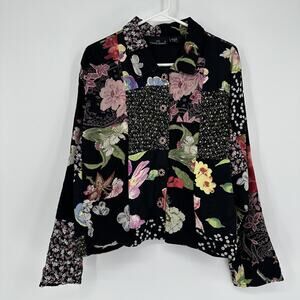 Casual Studio Jacket Womens Large Black Floral Patchwork Button Front Rayon Boho